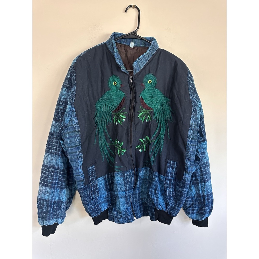 Vintage Cotton Peacock Bird Embroidered Bomber Jacket LARGE Boho Quetzal Style